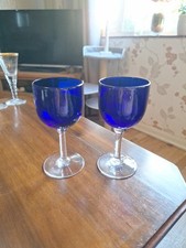 Pair Bristol Blue Antique Port Glasses Signed Bristol Hand Blown
