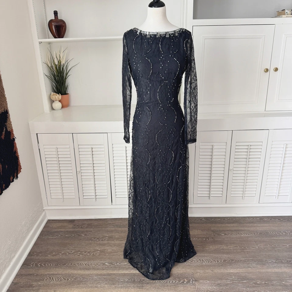 Free People Embellished Beaded Black Lace Long Sleeve Low Back Maxi Dress Size 6 - Image 2 of 4