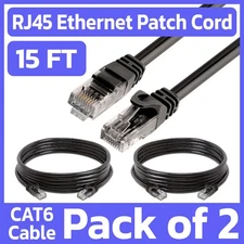 2 Pack 15 FT Cat6 Ethernet Patch Cord Black RJ45 LAN Network Cable Internet Cord