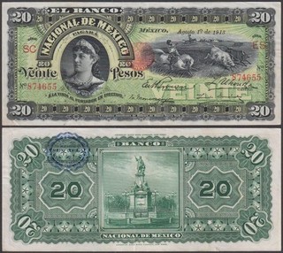 El Banco Nacional De México 20 Pesos 1913 VF (pequeño desgarro de borde) P S259