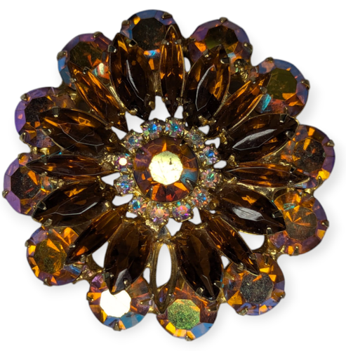 Vintage Aurora Borealis & Amber Colored Gems Round Dome Gold Tone Brooch 2.25" - Picture 9 of 9