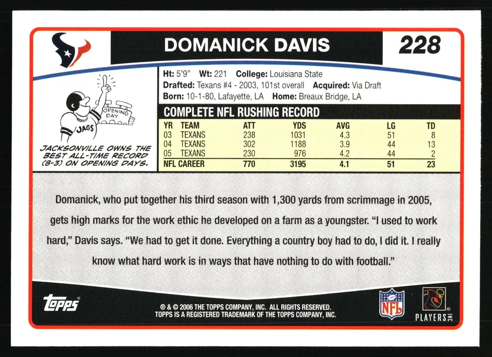 2006 Topps #228 Domanick Davis Houston Texans - Image 2 of 2