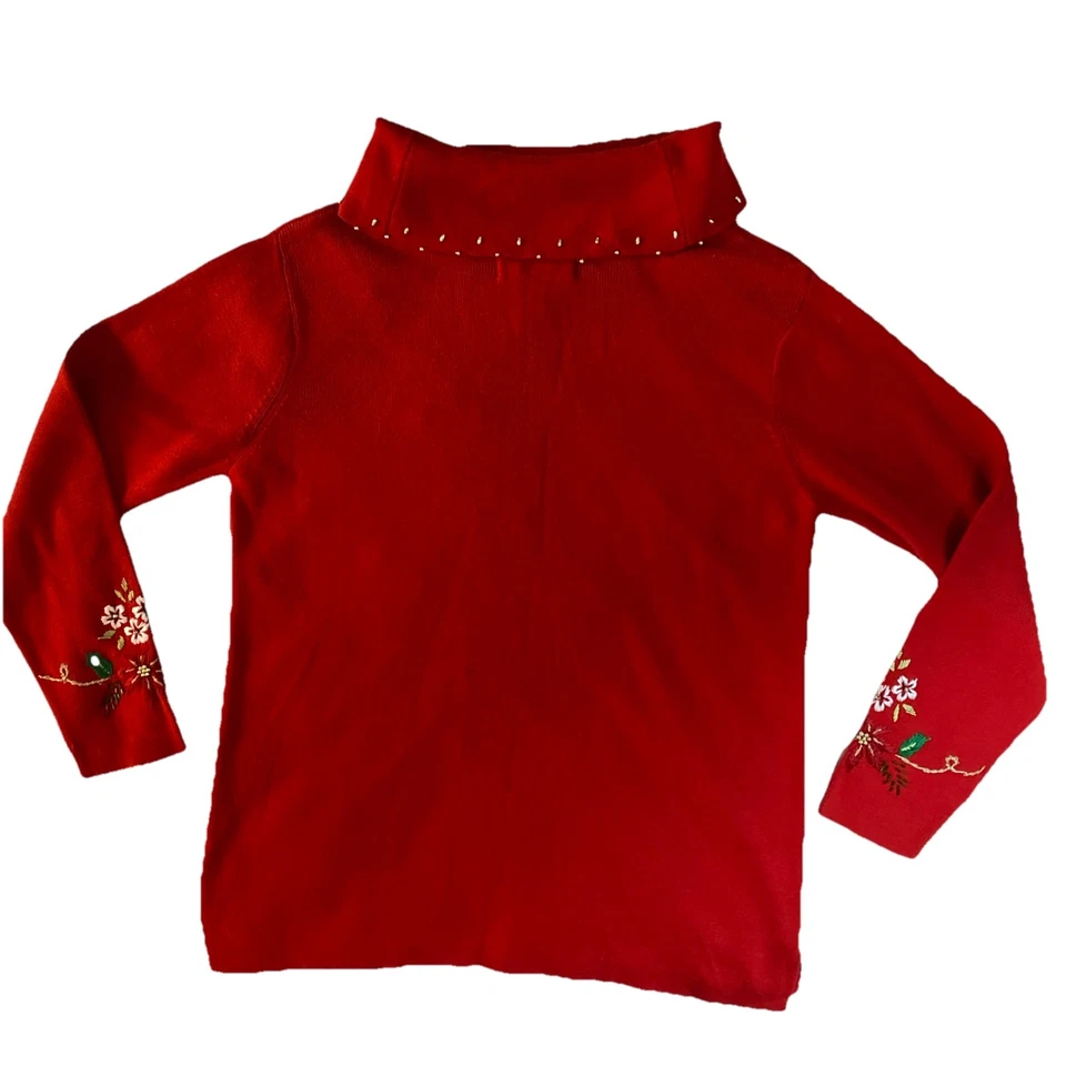 KIKIT by Maurice Sasson Women Christmas Sweater Medium Red Beaded Embroidered - Image 3 of 4