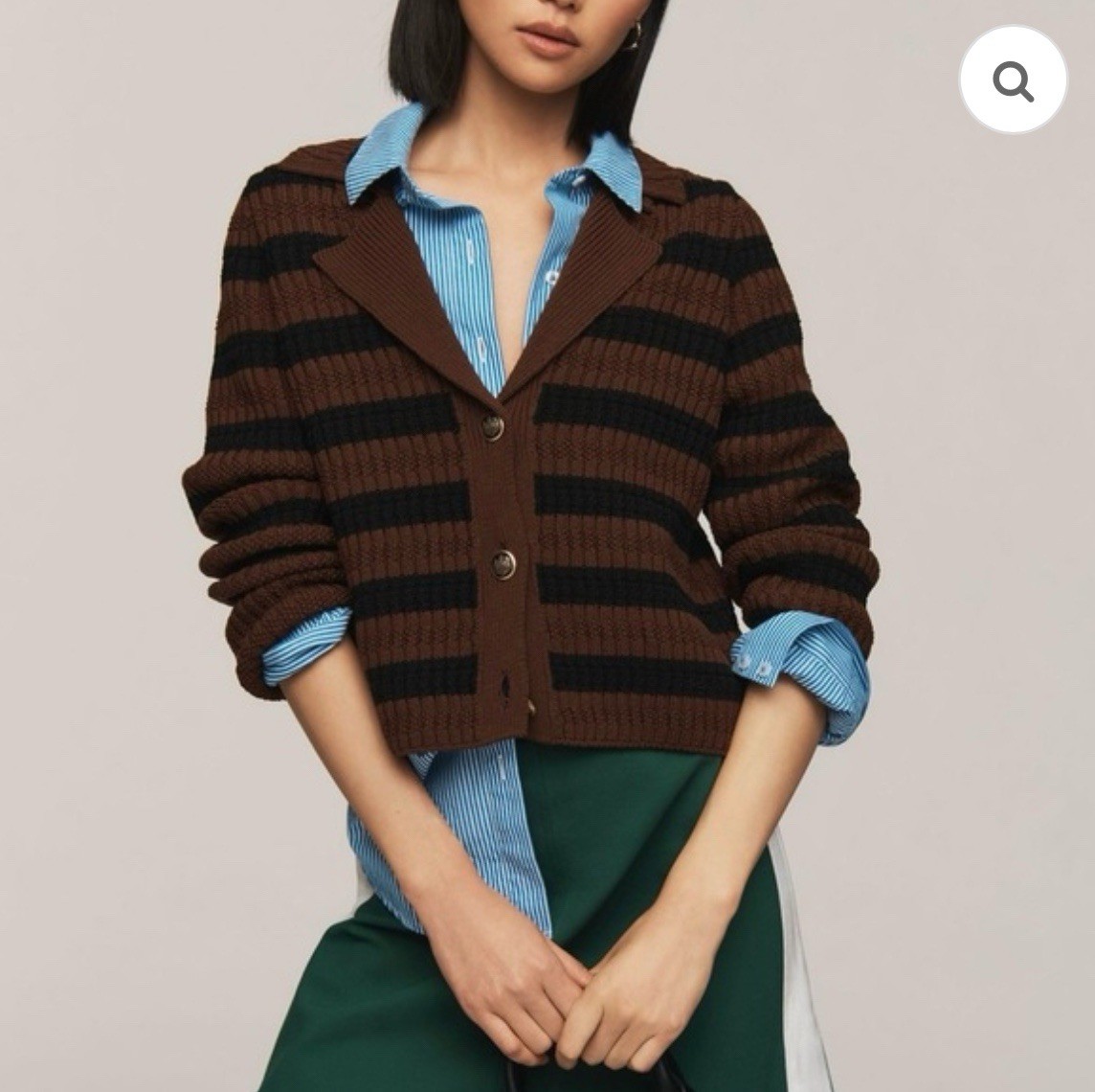 Anthropologie Maeve The Greta Polo Cardigan Sweater Brown Black Striped Medium