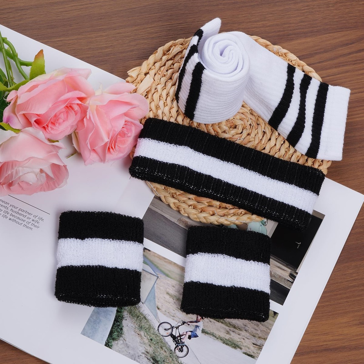 5 Pieces Striped Sweatbands and Socks Set, Sports Sweatbands Wrist Sweat Band... View 4