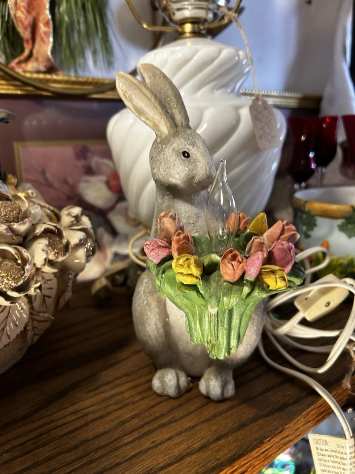 Night Light Standing Resin BUNNY RABBIT with Basket of Flowers 10"H x 4"W x 6"D - Image 4 of 4