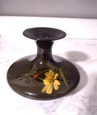 Vintage Glazed Art Glass Pottery Squat Vase Brown Floral Hand Painted Art Nouvea