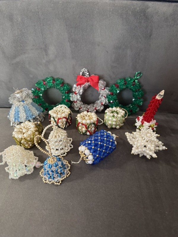 14 Vintage Beaded Christmas Ornaments Drum Bell Candle Wreath Angel Star