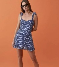 Reformation Christine Mini Dress Blue Tie Shoulder Size 4