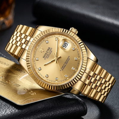 Goldene Herren Mechanikuhr Automatik Kalender Armbanduhr 