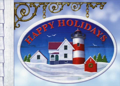 RED FARM STUDIOS Hanging Sign Red and White Lighthouse Box of 18 Coastal Christmas Cards