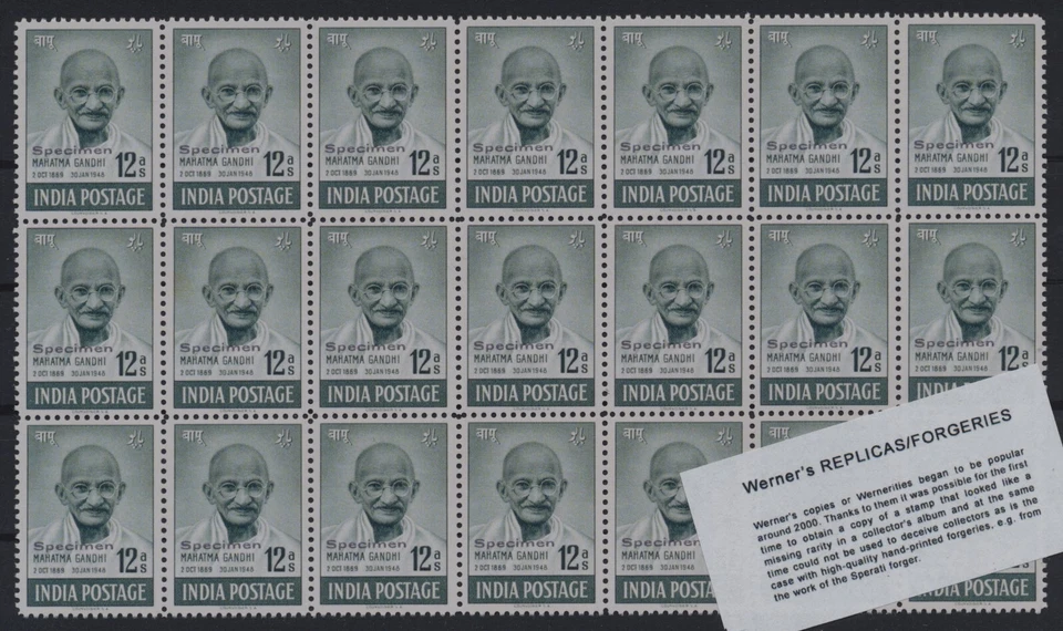 FALSIFICACIÓN - Hoja de FALSIFICACIÓN/RÉPLICA de Werner de 1948 Gandhi "Especimen" sobreimpresión Foto 3 de 4