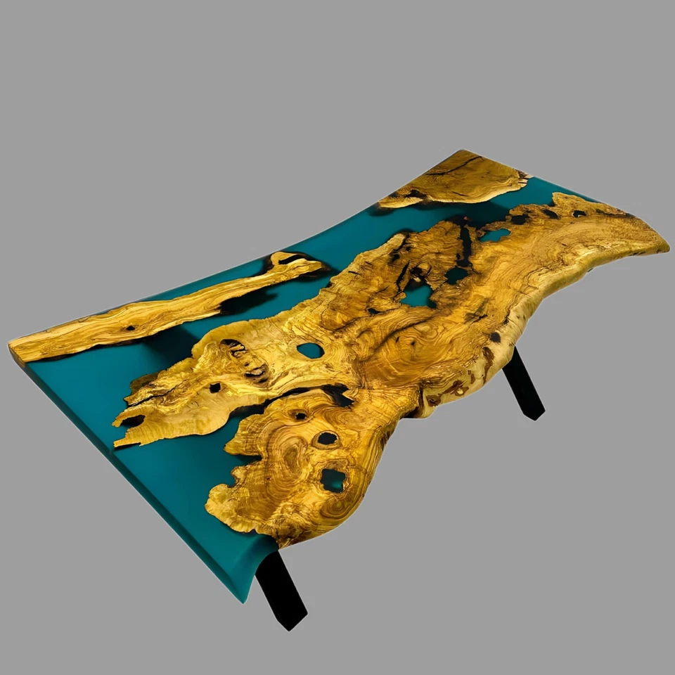 Turquoise Ancient Olive Epoxy Resin Dining Live Edge Table- Dining table/ sofa t - Image 2 of 4