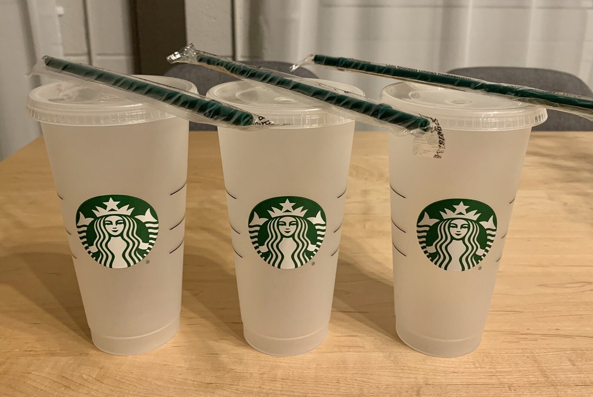 3x WHITE SIREN LOGO Starbucks Reusable Venti Frosted Cold Cup W/Lid & Straws