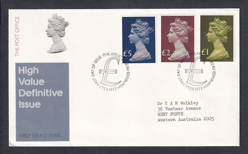 UK 1977 ‘£1,£2, & £3’ HI VALUES CACHETED FIRST DAY COVER EDINBURGH TO AUSTRALIA