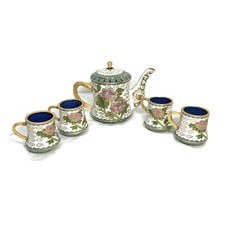 VINTAGE Enamel Cloisonne MINI TEAPOT 4 Cups SET White Flowers Birds Blue Pink