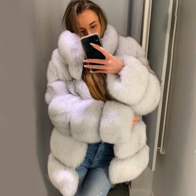 Genuine Fox Fur Coats Natural White Women Stand Collar Mid