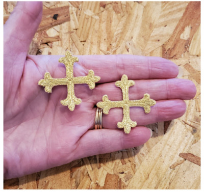 Cross - Greek Fleur - Embroidered Gold Metallic Iron On Patch - Set Of 2  1-1/2''