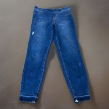 Spanx Jeans Blue Skinny Leg Pull On Pants Raw Hem Cotton Poly Womens Size Large