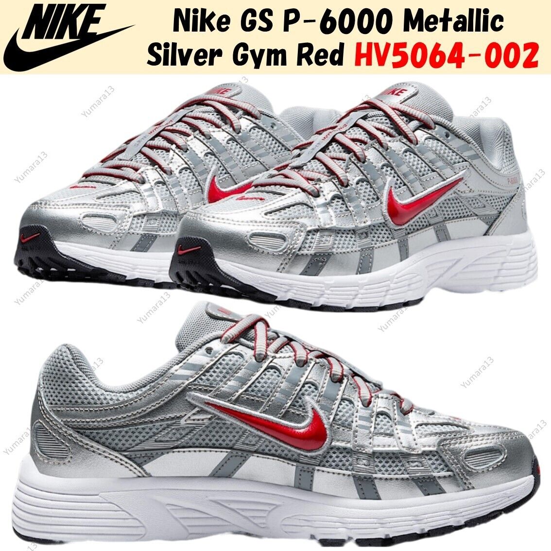 Nike GS P-6000 Metallic Silver Gym Red HV5064-002 Size 3.5Y Nike GS P-6000 Metallic Silver Gym Red HV5064-002 Size 3.5Y