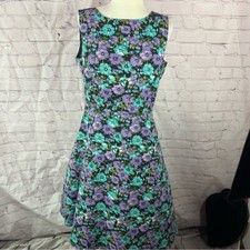 Talbots fit& flare Sleeveless Dress sz 14 cottage twee retro Floral Purple teal
