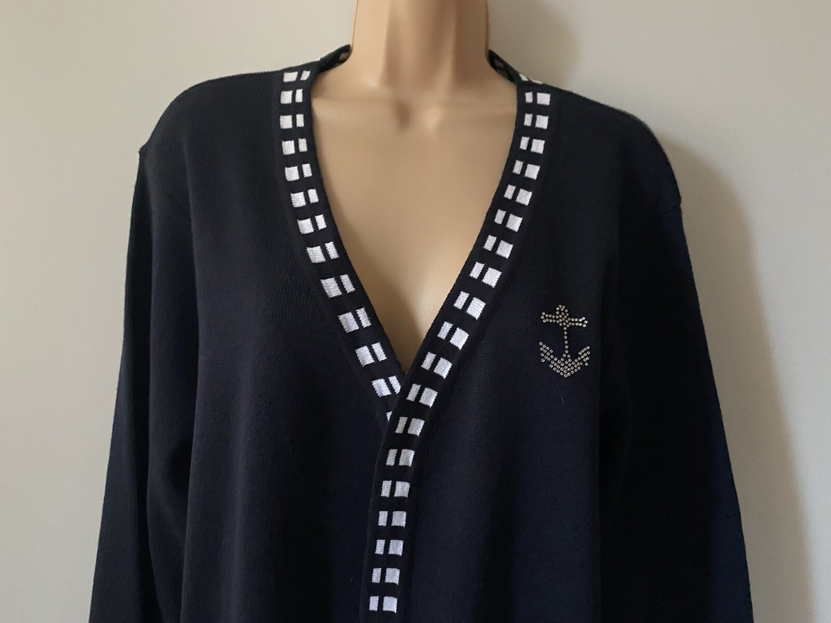 Afibel Cardigan Sz 16 +Navy Blue Nautical Open Pockets Mid Length