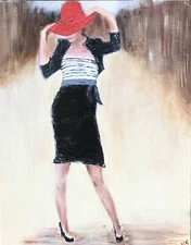 Original Painting , Lady In red hat  , Acrylics On Panel, Contemp Art 11”x14”