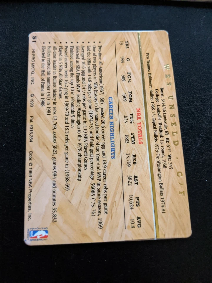 1992-93 Action Packed Rare Prototype SP Die Cut Thick Stock Wes Unseld HOF #51 - Image 2 of 2