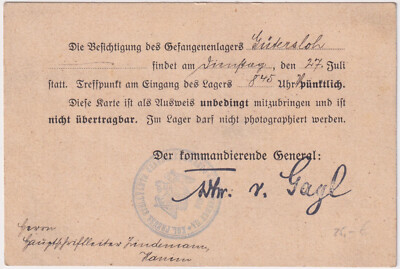 Prussia WW1 Antique ID Card for Visiting the Prison Camp Gütersloh