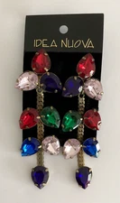 Vtg Idea Nuova Multicolor Rhinestone Dangle Clip-On Earrings NOS on Card B4-13