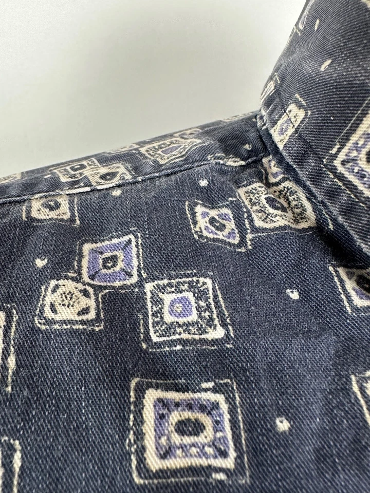 90s Trader Bay Shirt Men XL Navy Geometric Squares Long Sleeve Button Down VTG - Image 2 of 4
