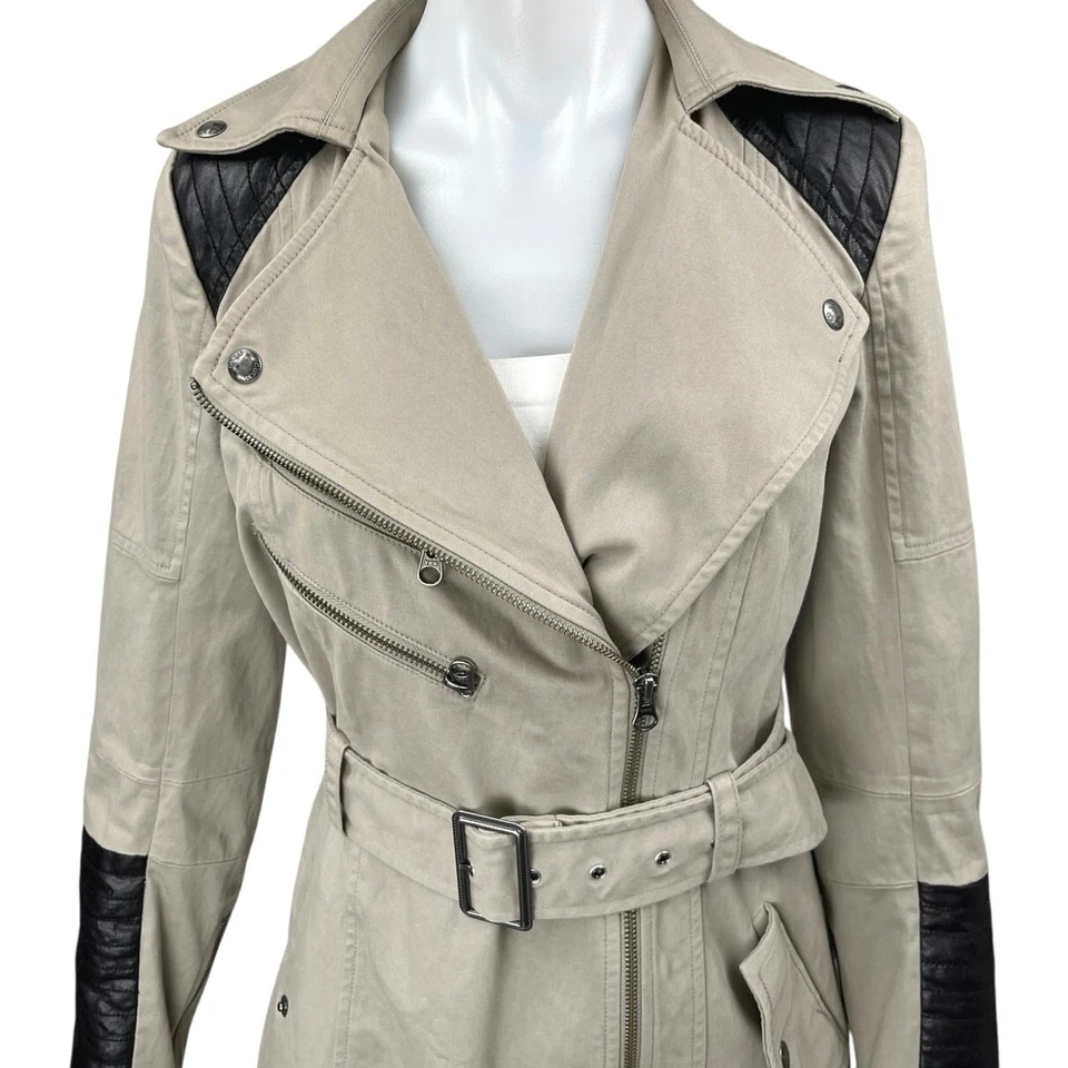 Guess Women's Tan Leather Trim Long Sleeve Zip Up Belted Trench Coat Jacket Sz S - Image 3 of 4