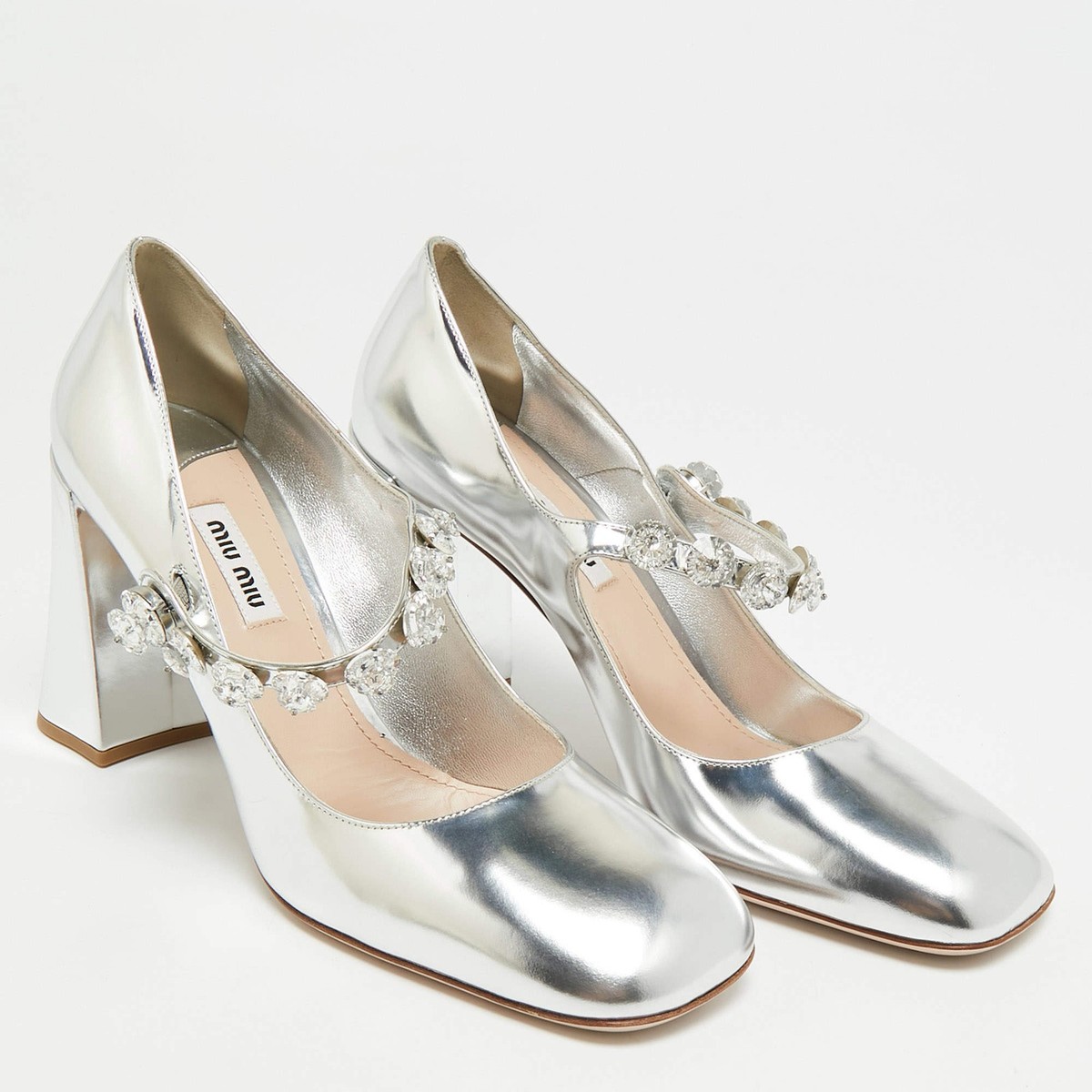 Miu Miu Size 39.5 Silver Leather Crystal Embellished Mary Jane