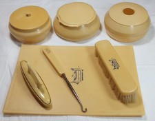 ANTIQUE CELLULOID VANITY TOP SET - 6 PIECES - BUFF,BRUSH,KEEPER, HOLDERS w/TRAY
