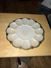 Vintage Anchor Hocking Gold Scalloped Edge Milk Glass Deviled Egg Plate Platter