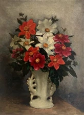Antique Oil Painting Fine French Still Life of Flowers in Vase  DUCROT 1955