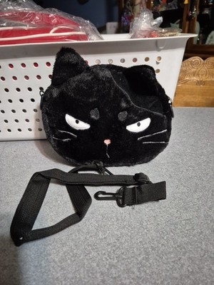 Small Plush Black Cat Shoulder Bag Cute Kitten Kitty Purse Removable Strap New