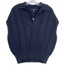 NWT Banana Republic Janette Knit Polo Top Size XS Black Cap Sleeve Minimalist