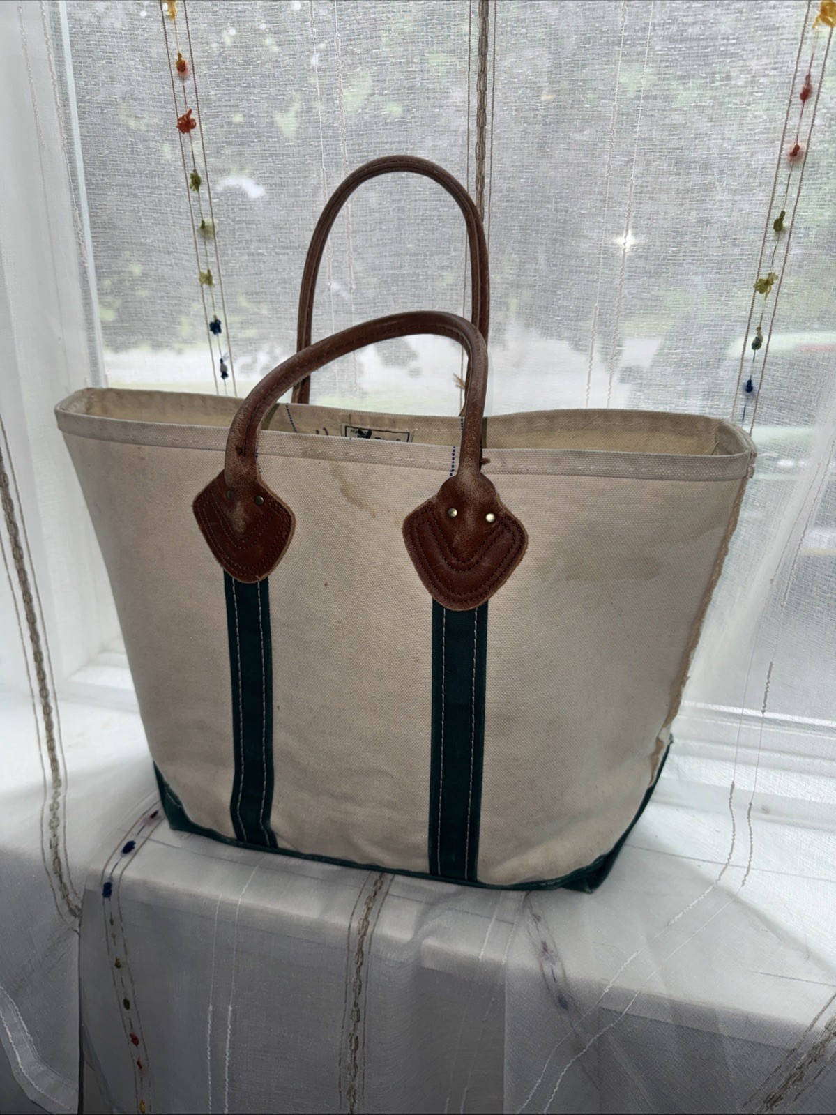 Vtg 80’s LL Bean Boat & Tote Medium Canvas Green Leather Handles Freeport ME