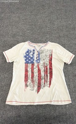 Christopher & Banks Women's Patriotic American Flag Paisley Henley Top Sz L