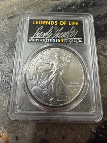 2024 American Eagle Silver Rudy Ruettiger Signed 1st Strike MS-70 PCGS