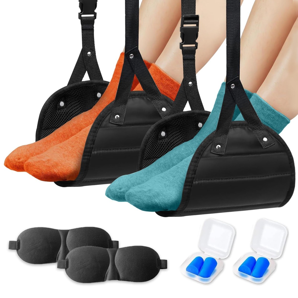Portable Airplane Foot Hammock With Memory Foam – Includes Sleep Mask & Ear Plugs For Long Flights