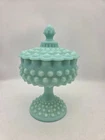 Fenton Turquoise Aqua Blue Hobnail Pedestal Candy Dish Bowl W/ Lid Orig Sticker