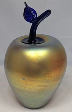Gold Aurene Iridescent Apple Cobalt Stem Leaf Signed S. Lundberg Glass Art 2002 