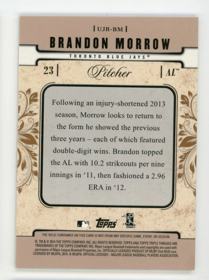 2014 TOPPS TRIPLE THREADS BRANDON MORROW UNITY GAME WORN JERSEY 12/27 BLUE JAYS - Image 2 of 2