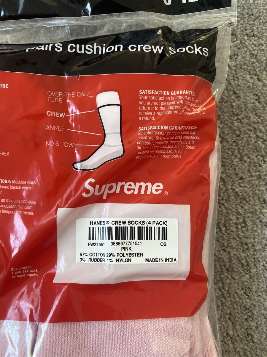 Supreme Hanes Crew Socks (4 Pack) Pink Size 6-12 FW21 Brand New DS FW21A61 Supreme Hanes Crew Socks (4 Pack) Pink Size 6-12 FW21 Brand New DS FW21A61