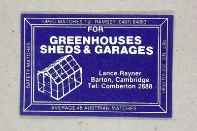 Matchbox Label Lance Rayner Gewächshäuser Schuppen & Garagen Barton Cambridge MR094