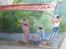 Theo Lehner Original Water Color painting GOLDEN GATE BRIDGE MEN FISHING! FRAMED