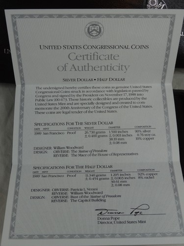 1989-S Congressional Proof Silver Dollar Half 2 Coins US Mint Commemorative OGP - Picture 6 of 6