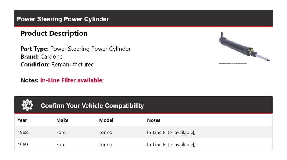 Cilindro eléctrico de dirección asistida Cardone para Ford Torino 1968-1969 Foto 2 de 4